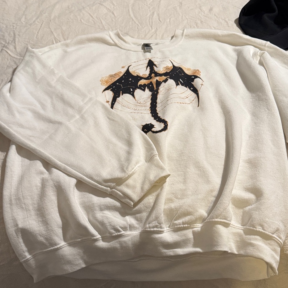 Gildan White Sweatshirt with Black and Gold Dragon Design